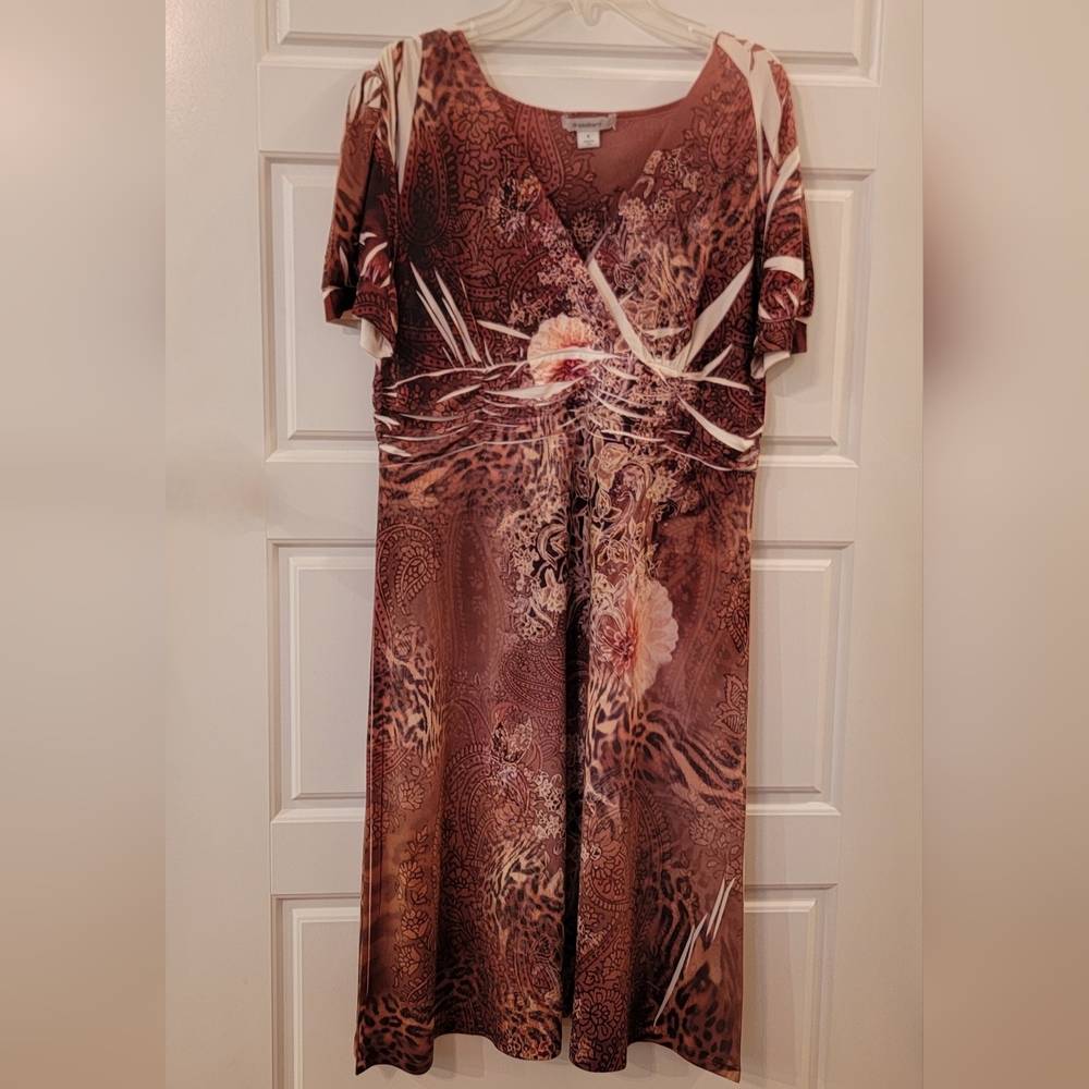 Dressbarn brand dress featuring a mixed floral & animal print in earthy brown 8 - Picture 9 of 13